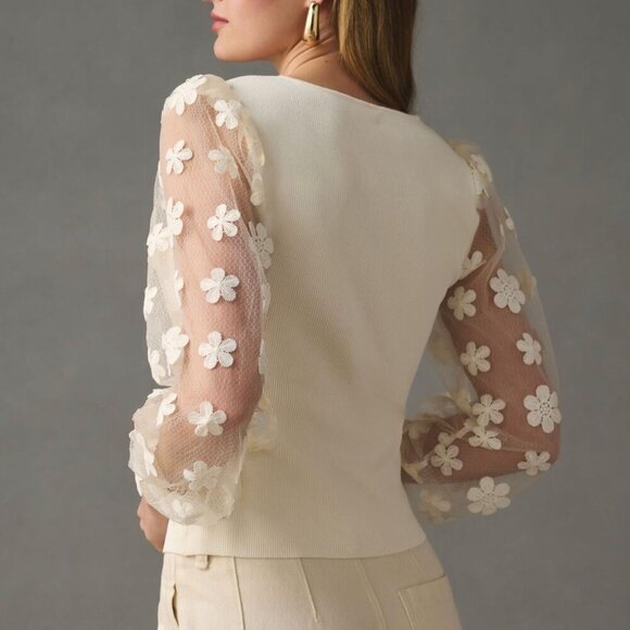 Anthropologie DOLAN Sheer Sleeve Appliqué Sweater Floral Fairy Whimsy Ivory - Picture 2 of 12